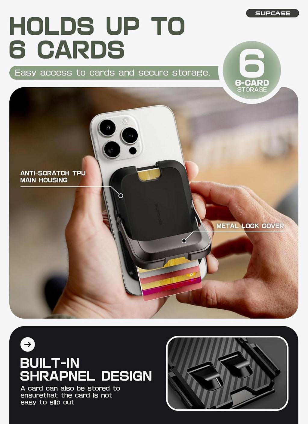 SUPCASE para MagSafe Wallet con Soporte, Capa para 6 tarjetas, Carbono Negro