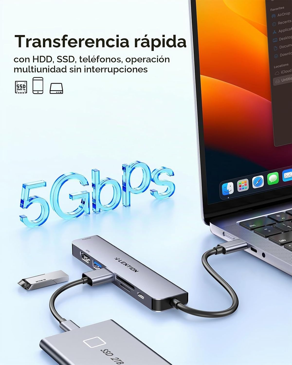 LENTION Hub HDMI dual MST USB C, 4K @60Hz, 100W PD, 2 USB 3.0, lector de