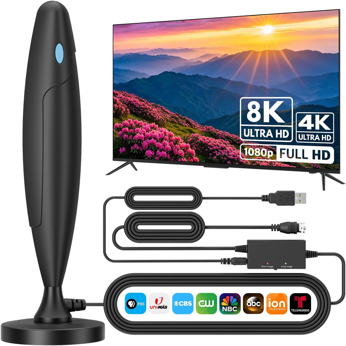 Antena de TV mejorada para canales locales, recepción de largo alcance con protección contra sobretensiones y rayos, antena digital para Smart TV interior con imán fuerte