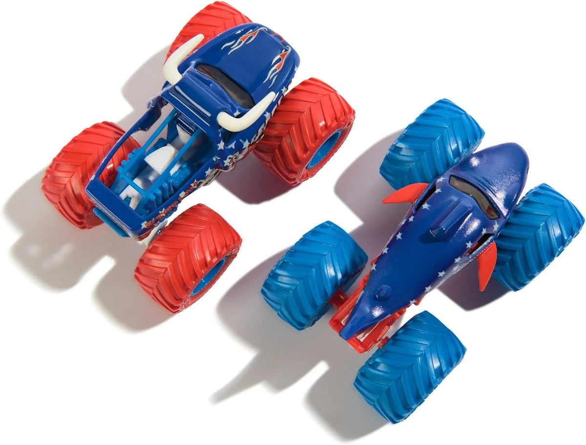 Monster Jam El Toro Loco vs Megalodon Camión monstruo fundido a presión a escala 1:64, serie 10, edición patriótica roja, blanca y azul, camión de juguete oficial Spin Master