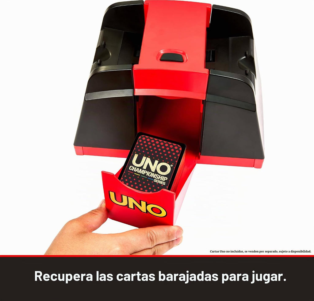 Mattel Games UNO Championship Series - Barajador de cartas para tarjetas UNO y compatible con barajas estándar, pulsador y baraja hasta 224 cartas