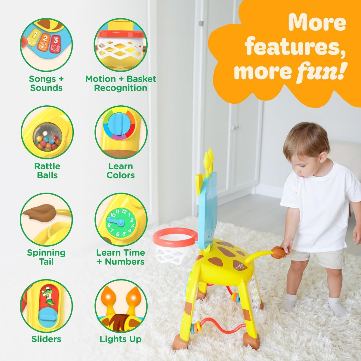 Move2Play, Centro de Actividades Aro de Baloncesto y Portería de Fútbol Jirafa | 30+ Sonidos y Canciones + 5 Luces | Regalo de Cumpleaños para Niños y Niñas de 1, 2, 3 Años | Juguete para Bebés y Niños Pequeños (Amarillo)