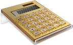Calculadora acrílica con soporte, calculadora básica de 12 dígitos LCD de energía híbrida de batería y solar, accesorios de escritorio para el hogar y la oficina (dorado)