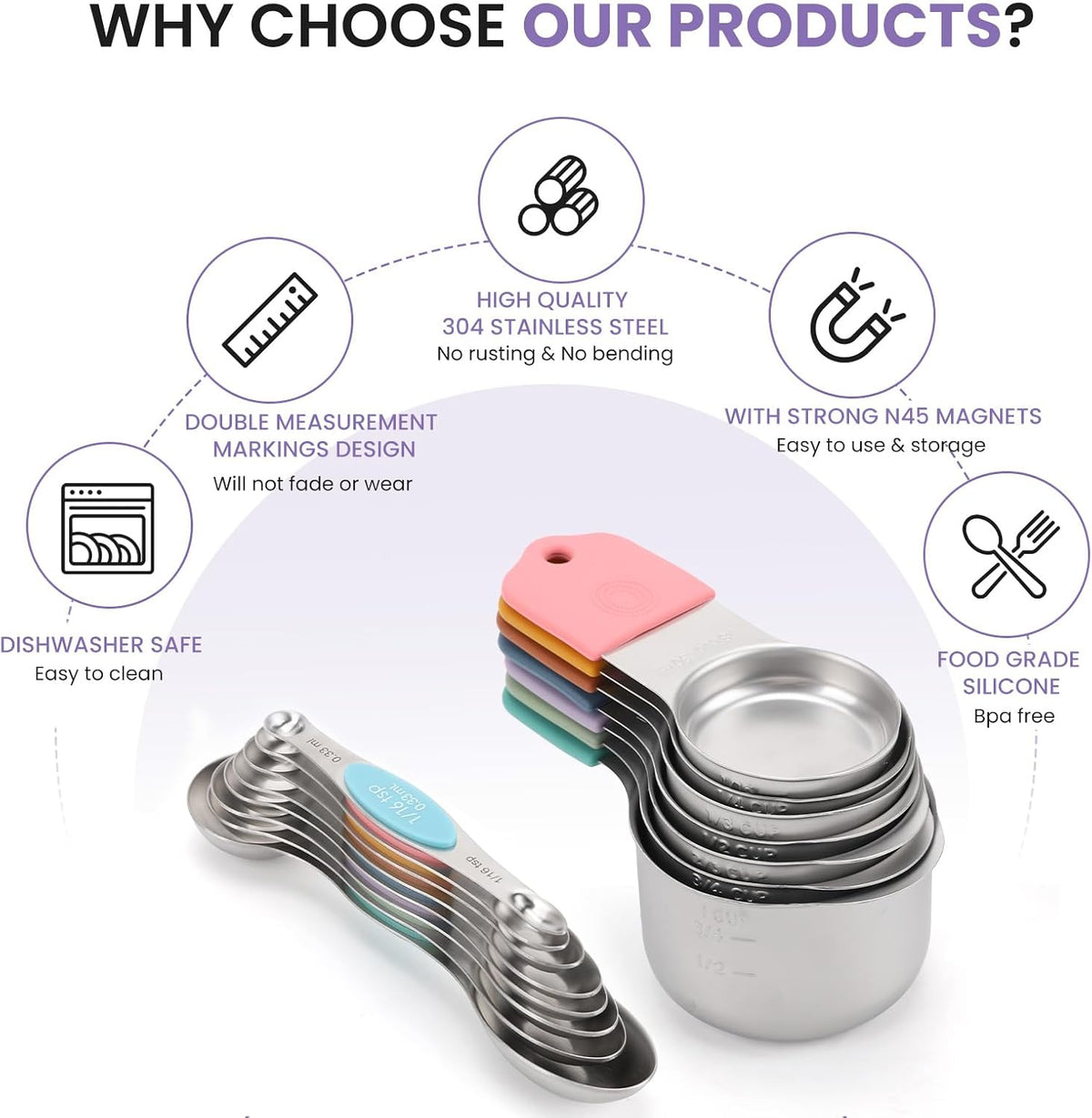Juego de tazas y cucharas medidoras magnéticas - Acero inoxidable 304 de alta resistencia, marcas de medición dobles, juego de 16 con nivelador para medir ingredientes secos y líquidos
