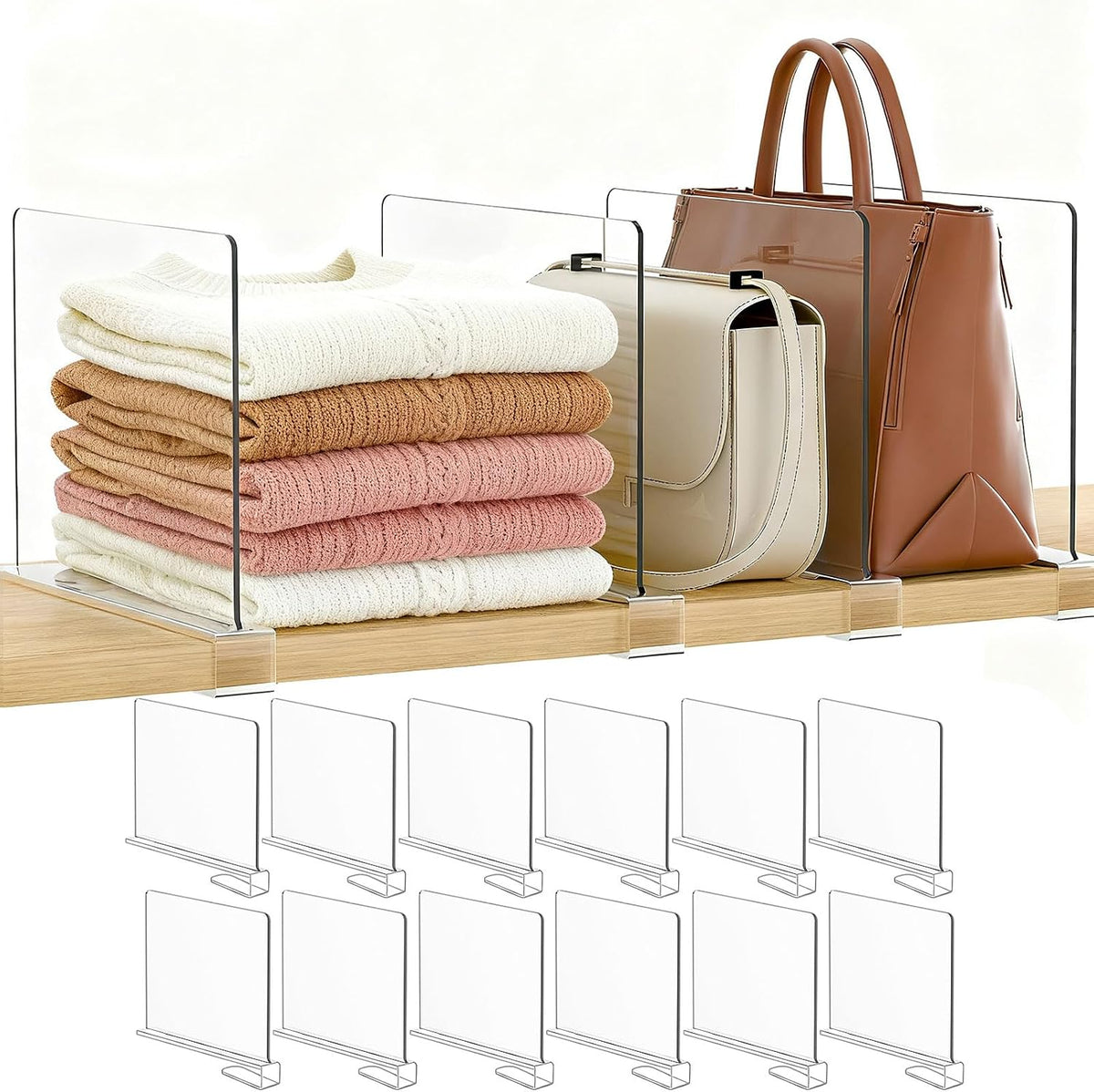 Organizador de Bolsos para Separadores de Estante de Armario: Acrílico Transparente 12-Paq