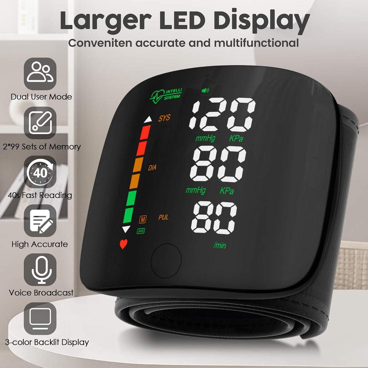 Double love Monitor de Presión Arterial de Muñeca con Pantalla LED, Pantalla Táctil, Brazalete de Presión Arterial de Muñeca 99x2 Memoria de Lectura Monitor de Presión Arterial de Muñeca con Estuche