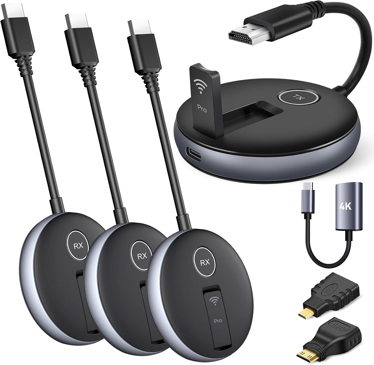 HDMI G9R PRO inalámbrico - Un transmisor y tres receptores, kit de extensor de TV múltiple de 165 pies/164.0 ft, tecnología de control de calor, Plug and Play, 5.8G/2.4G @60Hz- Transmite de forma inalámbrica desde computadora portátil/PC a múltiples telev