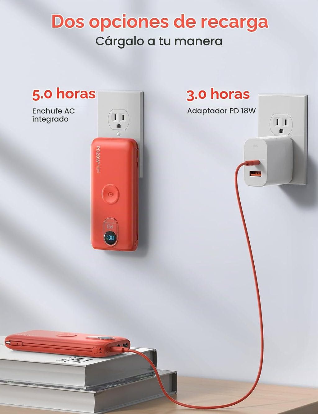 Cargador portátil Power Bank 10000mAh PD20W con cables incorporados, Rojo