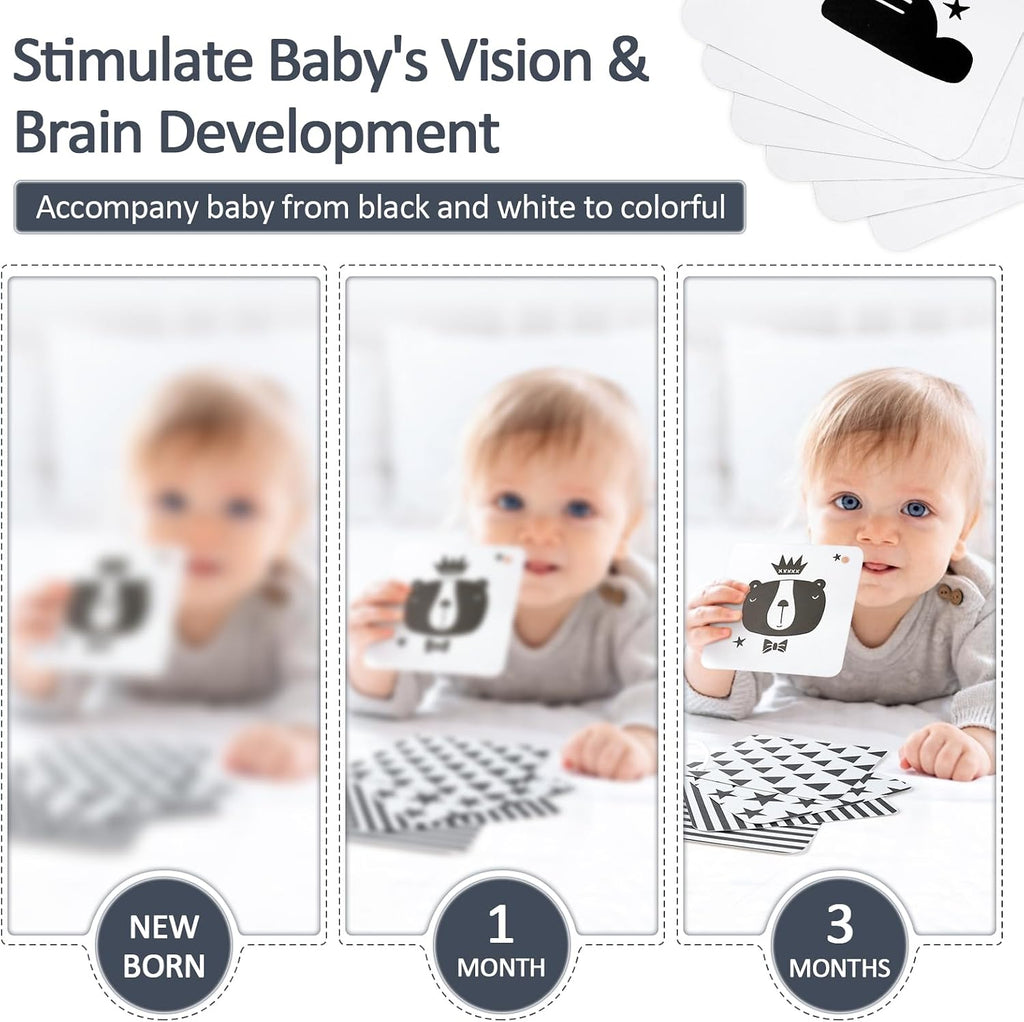 Joyreal Juguetes sensoriales de alto contraste para recién nacidos, juguetes sensoriales para bebés en blanco y negro con juguetes para asiento de automóvil, juguetes infantiles con libro de tarjetas