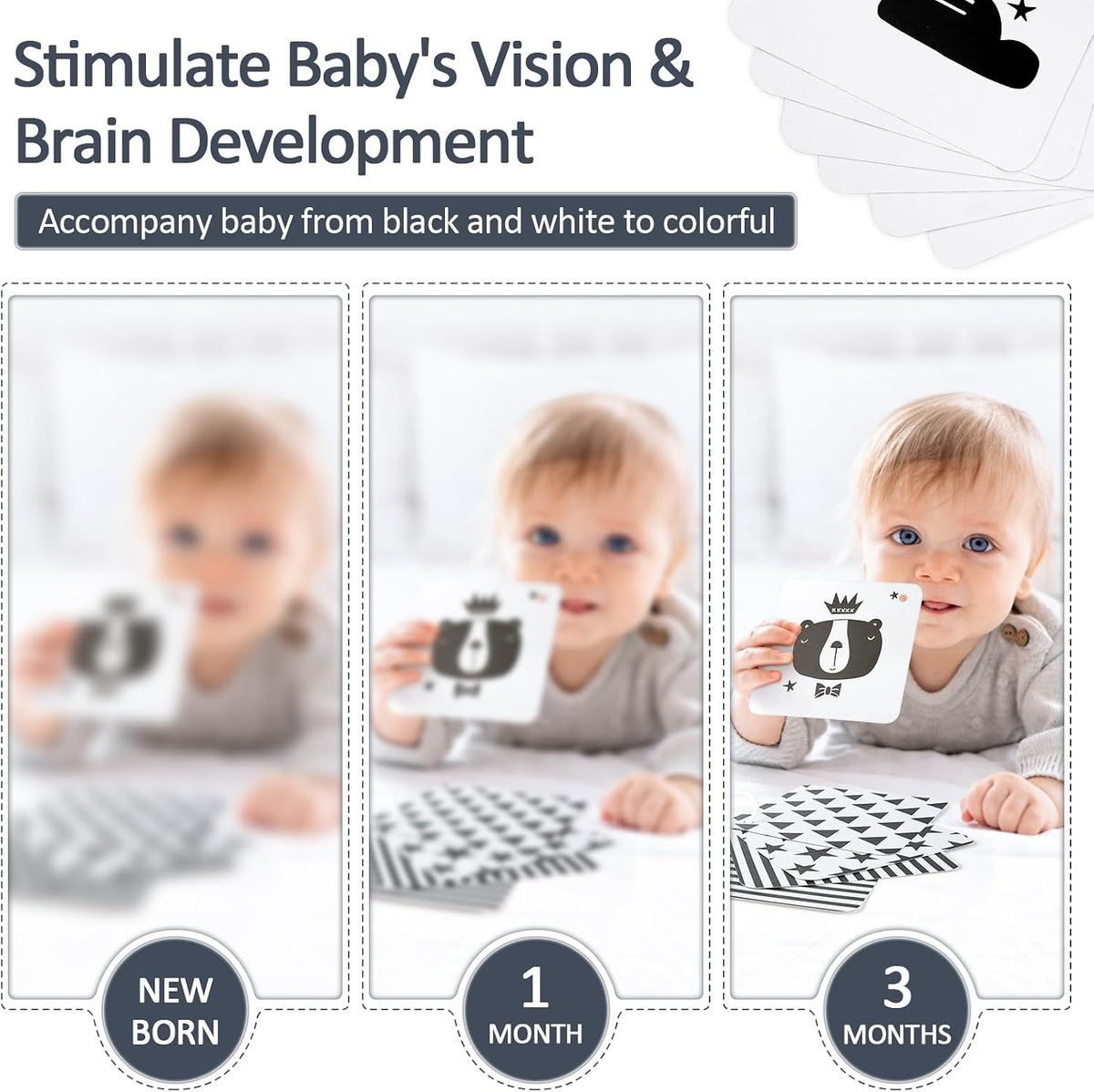 Joyreal Juguetes sensoriales de alto contraste para recién nacidos, juguetes sensoriales para bebés en blanco y negro con juguetes para asiento de automóvil, juguetes infantiles con libro de tarjetas