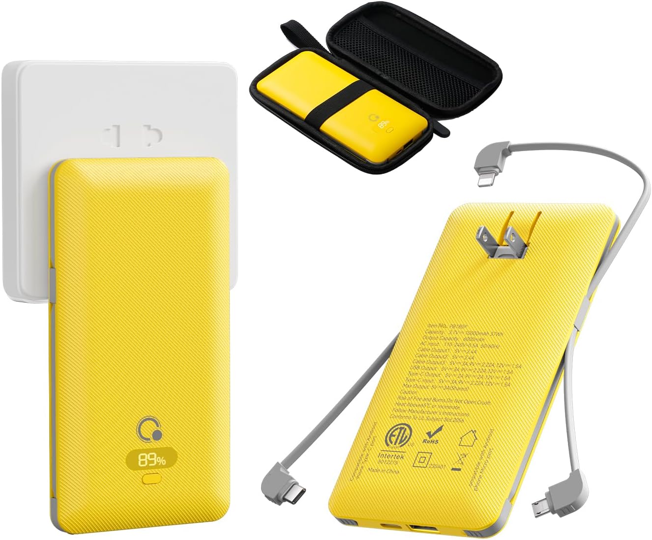 Cargador portátil de 10000 mAh con cables integrados y enchufe de p...
