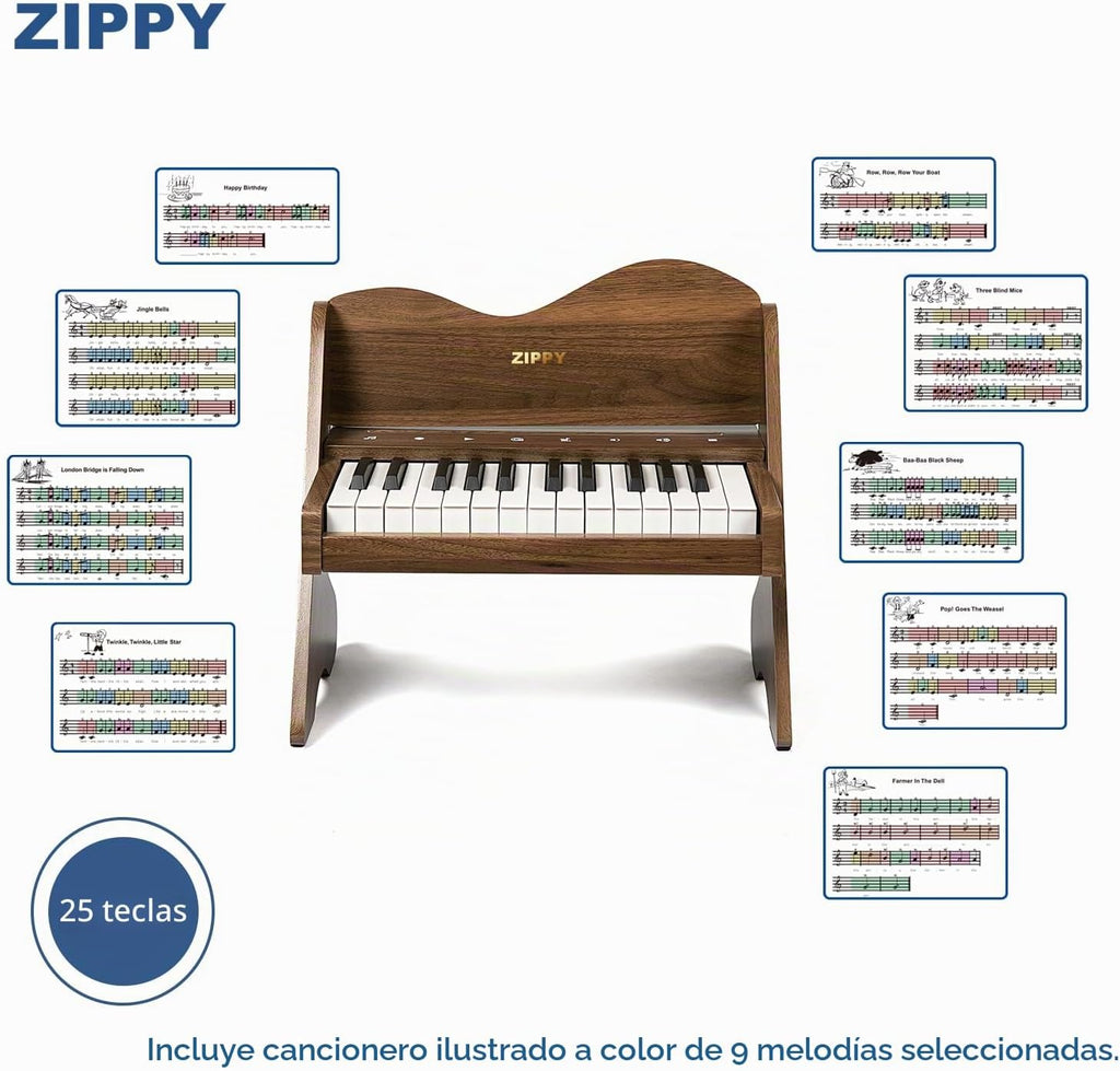 ZIPPY Teclado de piano para niños, piano digital de 25 teclas para niños, panel de control sensible al tacto, volumen ajustable, mini juguete de instrumento educativo musical, juguete de madera para niños pequeños y niñas (nogal)