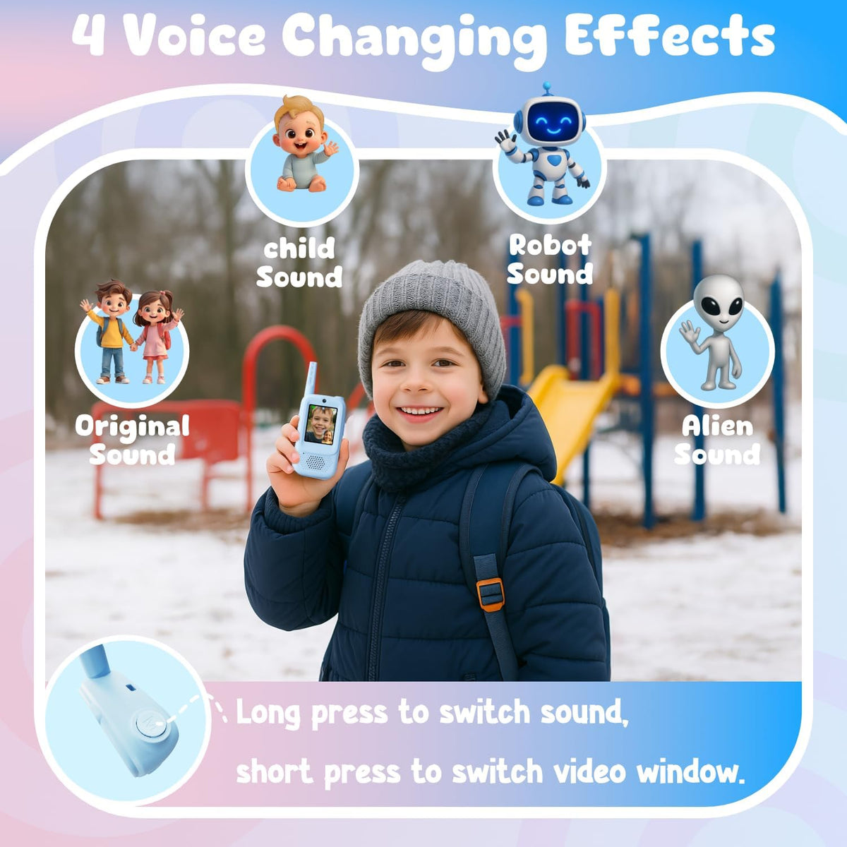 Walkie Talkies de video para niños, paquete de 2 unidades recargables de mano, juguetes para interior y exterior, regalos de Navidad y cumpleaños para niñas y niños de 3 a 12 años (azul y rosa)