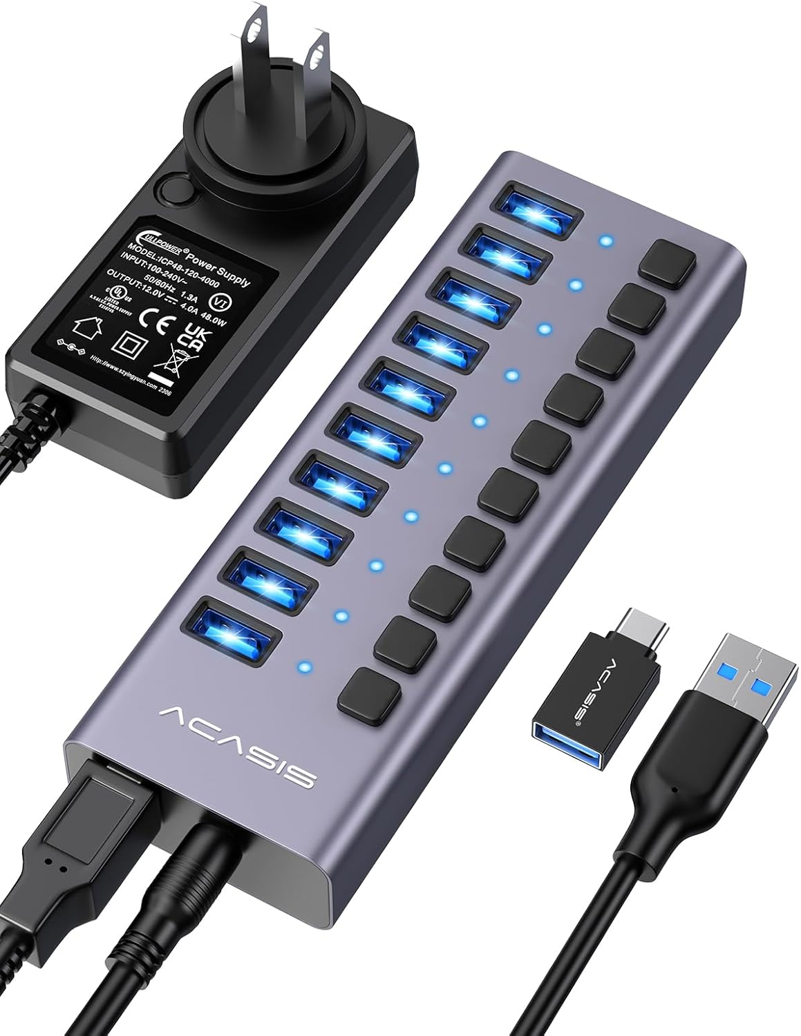 ACASIS, HS-710, hub USB 3.2 de 10 puertos, alimentado