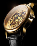 ROCOSJEWE R0106 Reloj Automático para Hombres – Esqueleto de Dial en Oro de Lujo, Reloj Mecánico de Gran Reserva Automático, Reloj de Moda para Hombre, Reloj con Correa de Cuero Negra/Marrón, Resistente al Agua, Regalo para Hombres