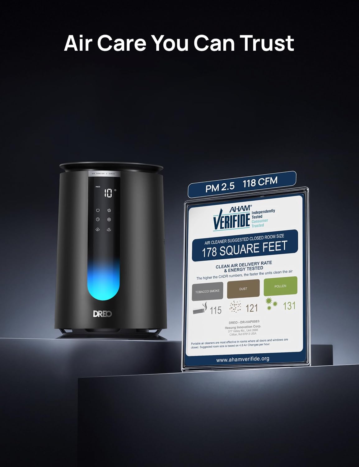 DREO AHAM VERIFIDE - Purificador de aire inteligente para el hogar, dormitorio, mascotas, humo, polvo, polen y olores, Wi-Fi/Voz/Alexa, monitor PM2.5, automóvil, turbo, modo de sueño HEPA, DR-HAP008S