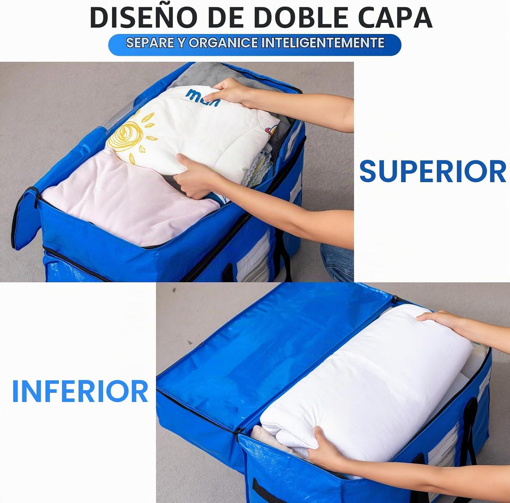 TAILI - Bolsas de mudanza extra grandes con 2 niveles, paquete de 4 bolsas azules resistentes para almacenamiento con ventana visible, asas envolventes, almacenamiento y ahorro de espacio