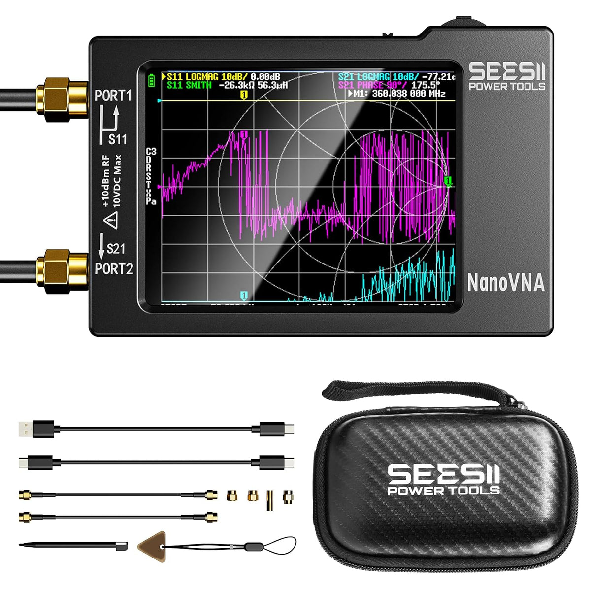 SEESII Analizador de red vectorial y antena NanoVNA-H 9KHz-1.5GHz con funda protectora EVA de 2.8", impermeable y a prueba de golpes, medidas S-parámetros, SWR, fase, retardo, Smith Chart, HW3.7