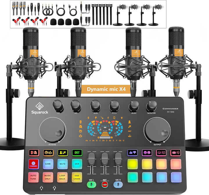 SquarockTek Paquete de equipo de podcast para 4, mezclador de audio...