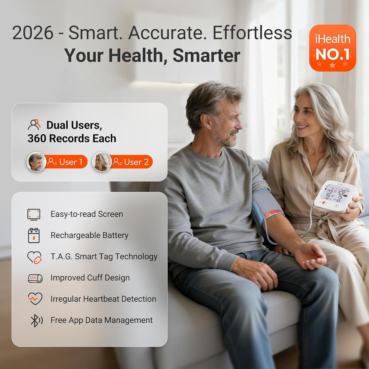 iHealth Jurni Smart - Monitor de presión arterial recargable, pantalla