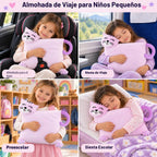 LUNAMIRA Almohada de felpa de gato para niños – Bonita almohada de peluche de gatito morado, 16 x 14 pulgadas para acurrucarse a la hora de dormir y noche de cine, funda lavable con cremallera