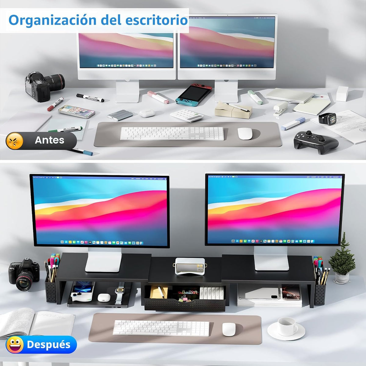 gianotter Soporte elevador para monitor dual, organizador de escritorio con cajón y 2 portaplumas, soporte para monitor de computadora, estante para la parte superior del escritorio, negro