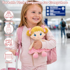 SQEQE Muñeca de bebé suave, muñecas de trapo de felpa de 11 pulgadas para regalo de cumpleaños de niña de 1 año, juguetes para bebés pequeños, cabello rubio dorado