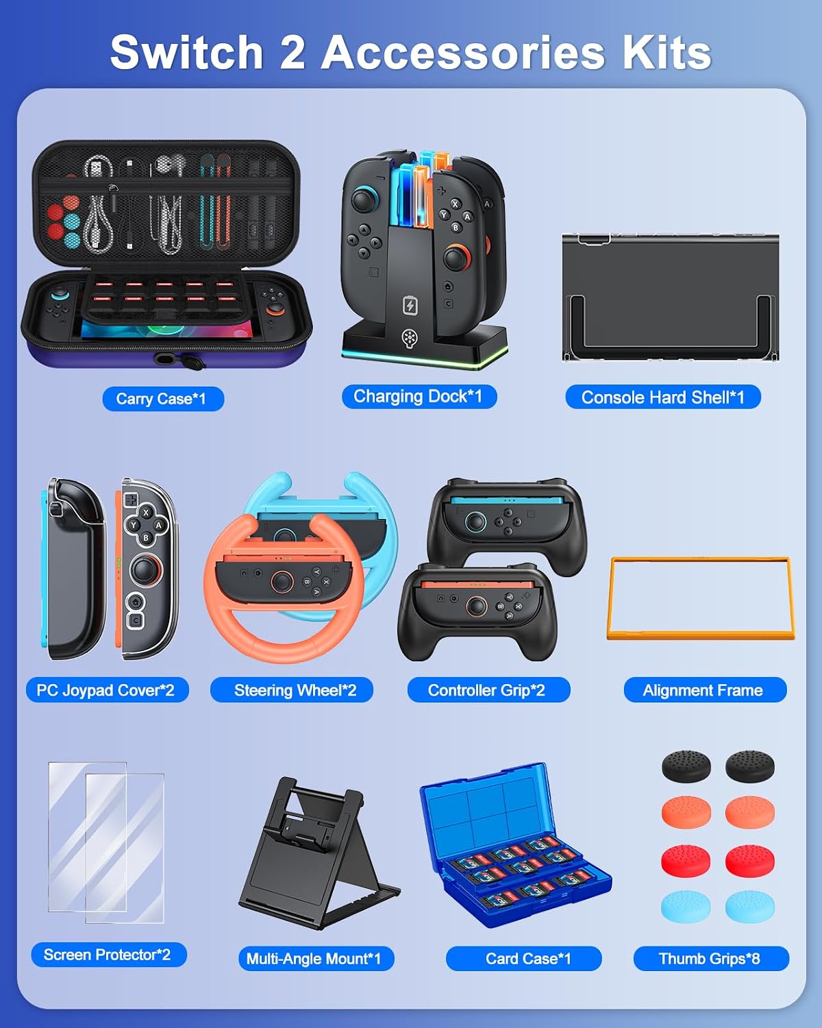 Accesorios para Switch 2, Paquete de Funda con Cargador, Empuñadura y Volante para Nintendo 2