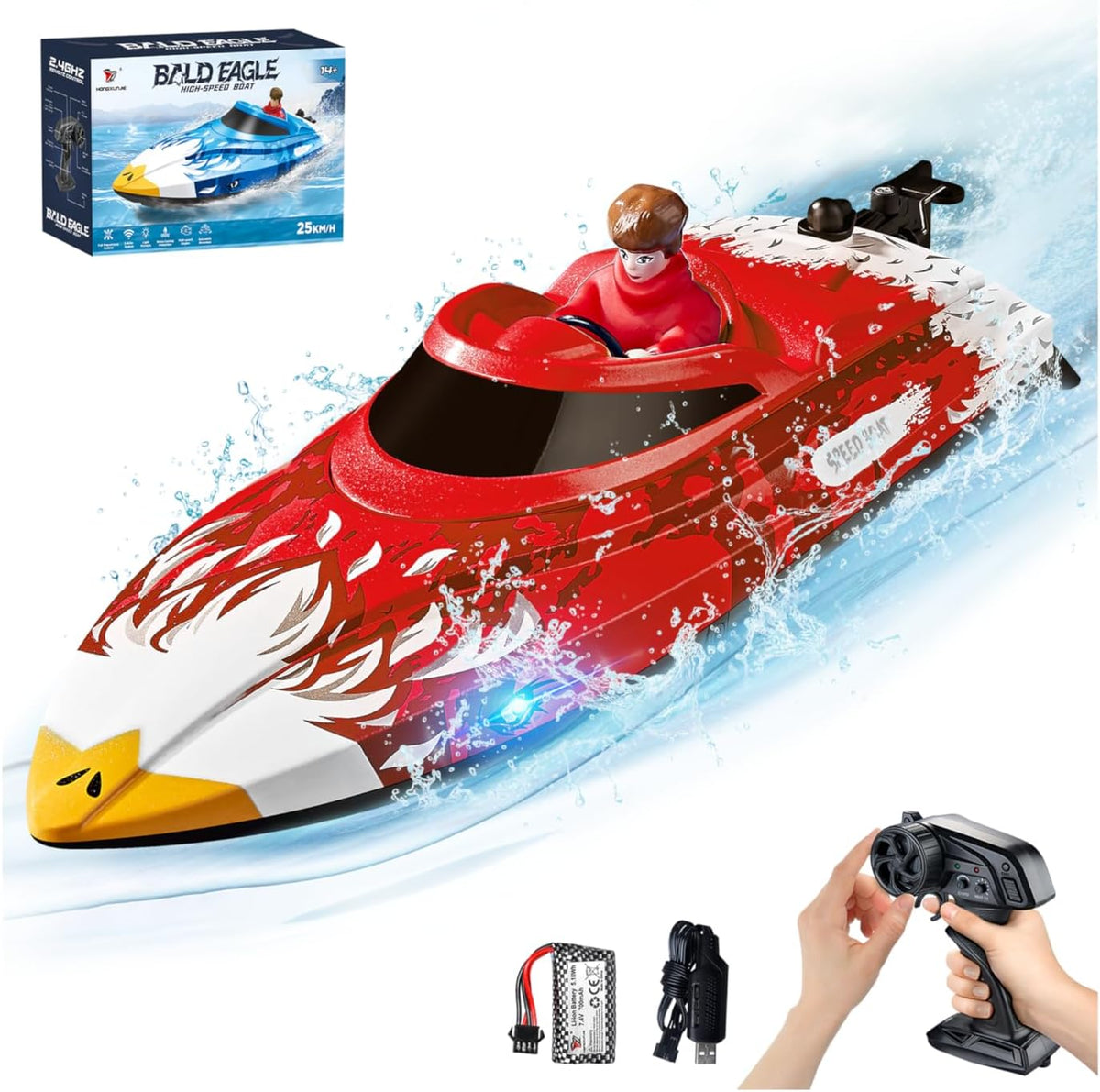 Barca RC de 12 pulgadas, remota para lagos y piscinas - Rojo