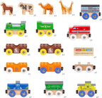 ORBRIUM Juego de trenes de madera, 12 coches y motores magnéticos, colección de 18 piezas, trenes de animales, circo, granja, safari, zoológico, compatible con Thomas Brio Melissa & Doug ferrocarril de madera para niños pequeños