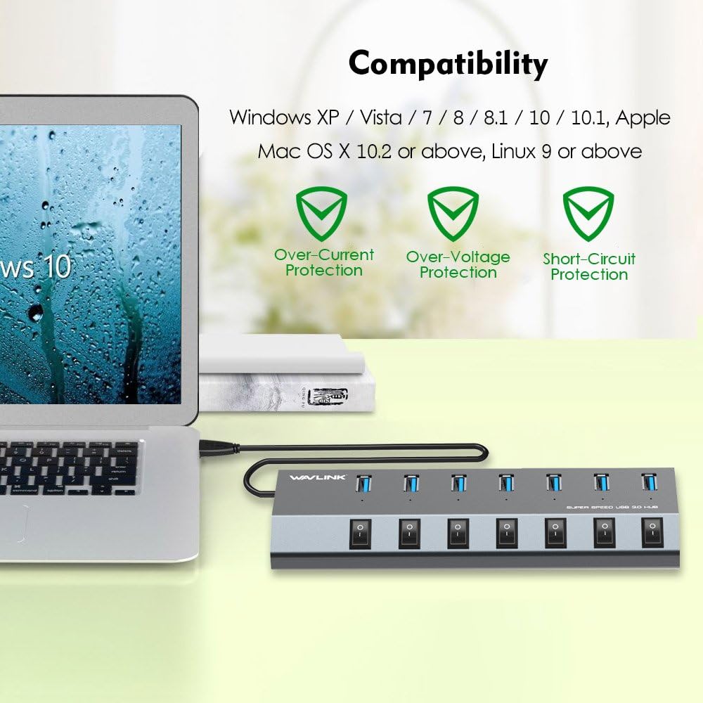 WAVLINK, UH3076-1, hub USB 3.0 de 7 puertos, alimentado, adaptador 5V/2.4A
