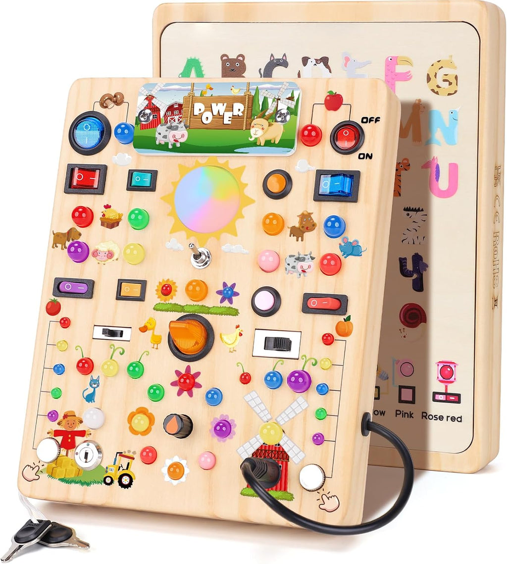 Tablero de actividades con 19 interruptores de luz LED, juguetes Montessori para niños de 1, 2, 3 años, tablero sensorial de madera, juguetes de viaje para niños y niñas de 1, 2, 3 años, regalo de