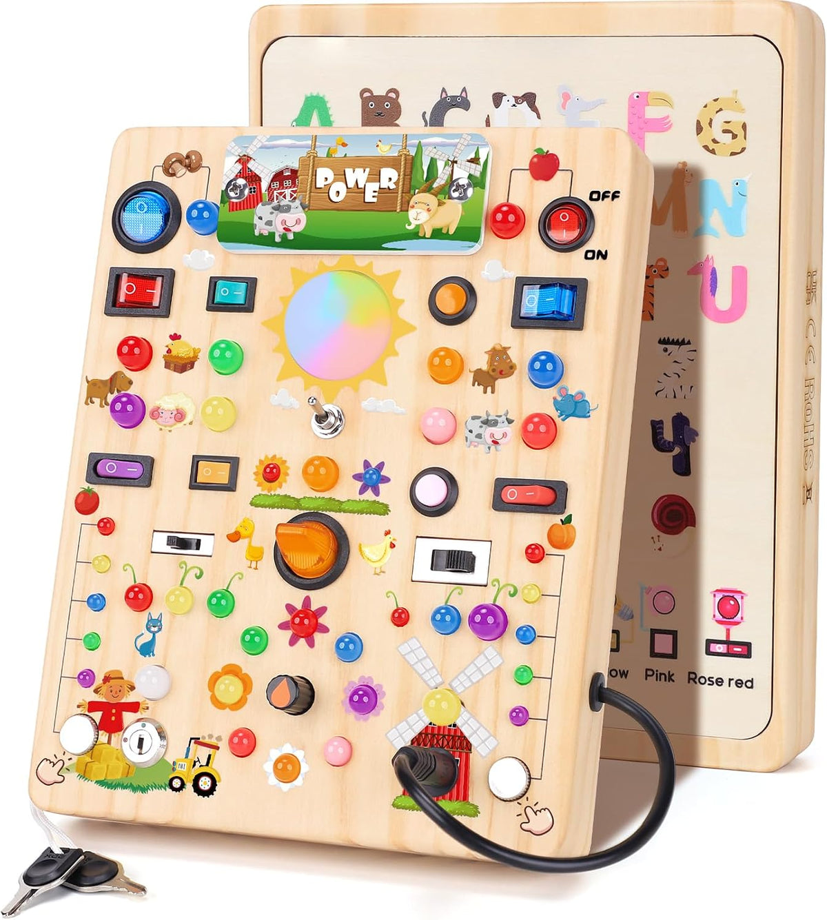Tablero de actividades con 19 interruptores de luz LED, juguetes Montessori para niños de 1, 2, 3 años, tablero sensorial de madera, juguetes de viaje para niños y niñas de 1, 2, 3 años, regalo de