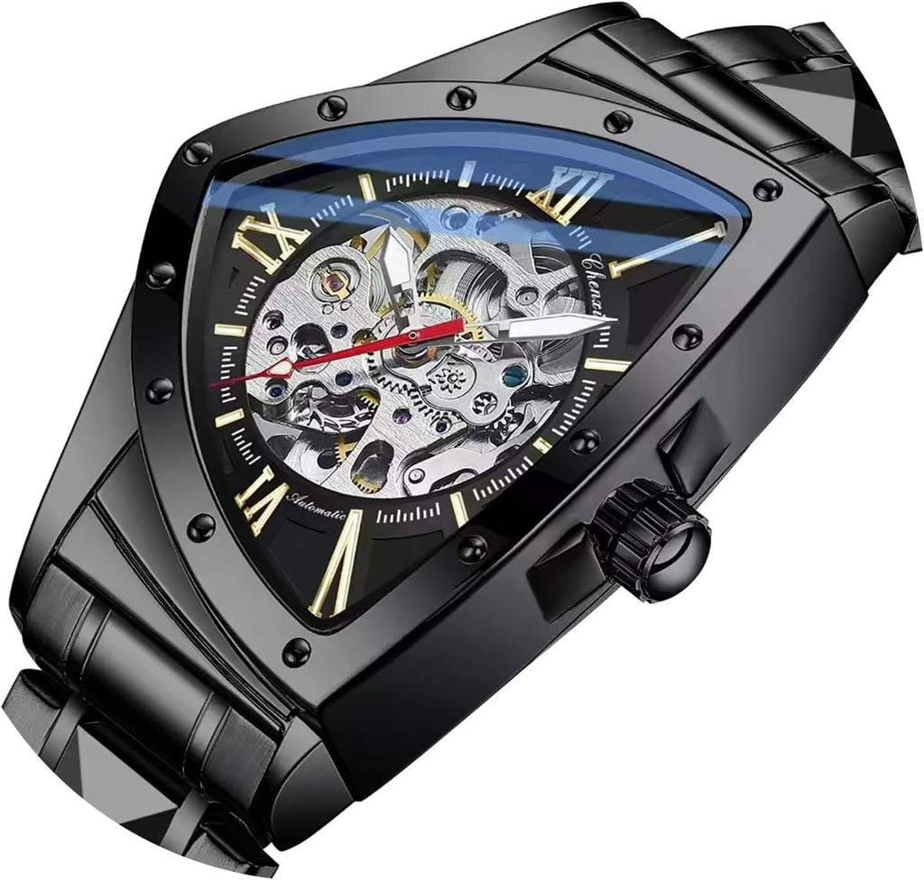 Tiong Triangle Skeleton Reloj Mecánico Automático para Hombre, Correa de Acero Inoxidable Reloj Deportivo para Hombre
