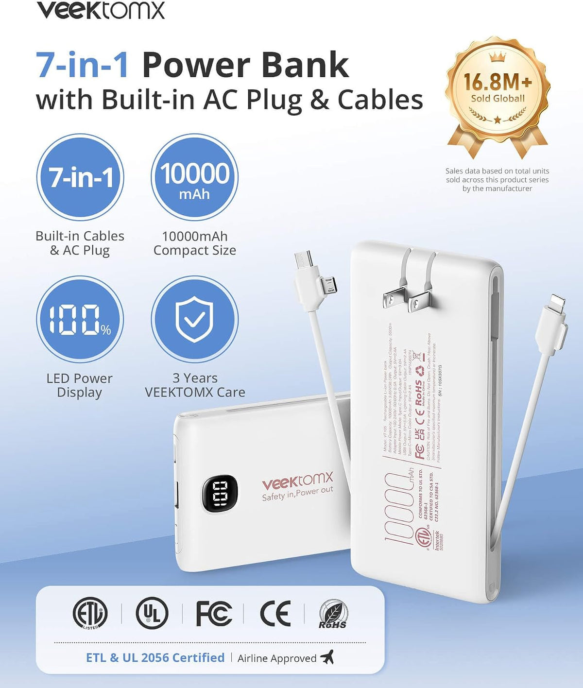 VEEKTOMX Cargador portátil con cables integrados de 10000 mAh, banc...