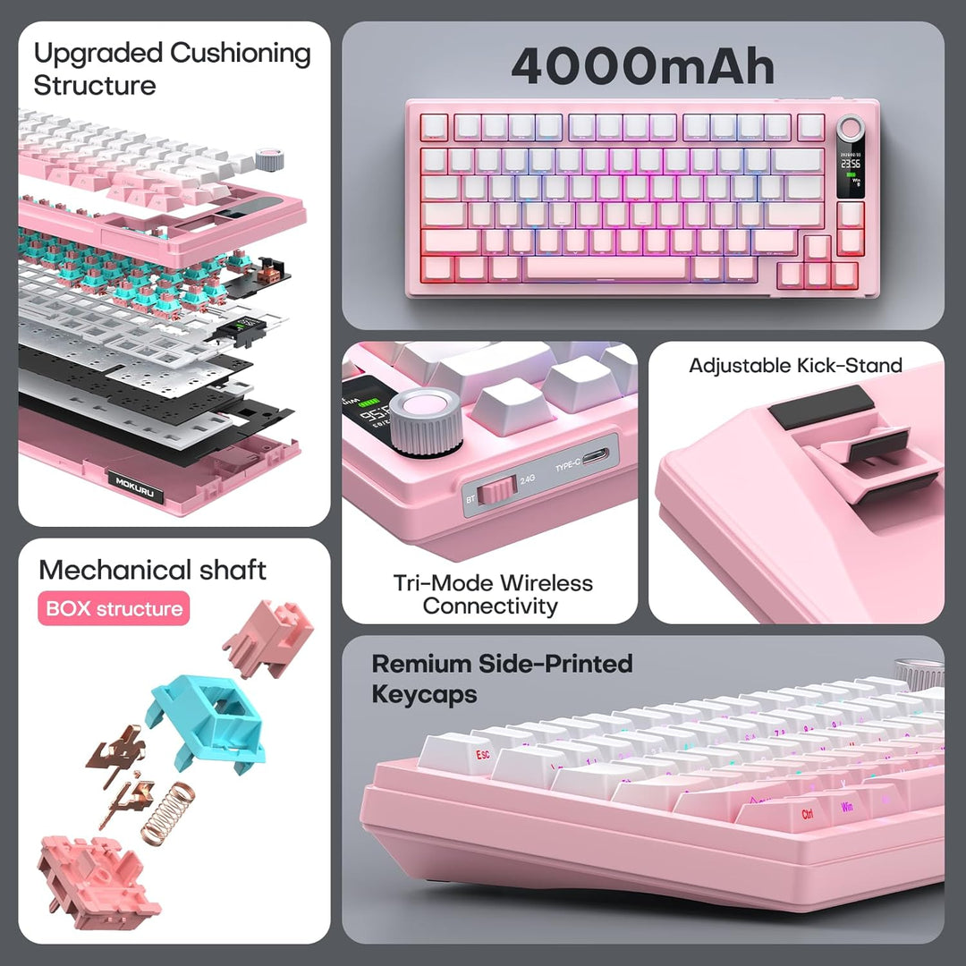 MOKURU Teclado mecánico inalámbrico, tres modos BT\/2.4G\/USB-C, co...