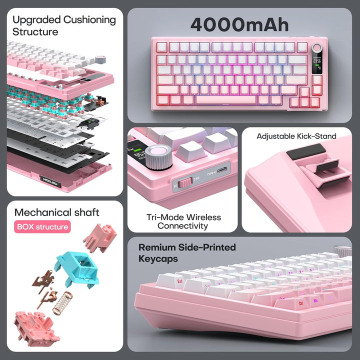 MOKURU Teclado mecánico inalámbrico, tres modos BT\/2.4G\/USB-C, co...