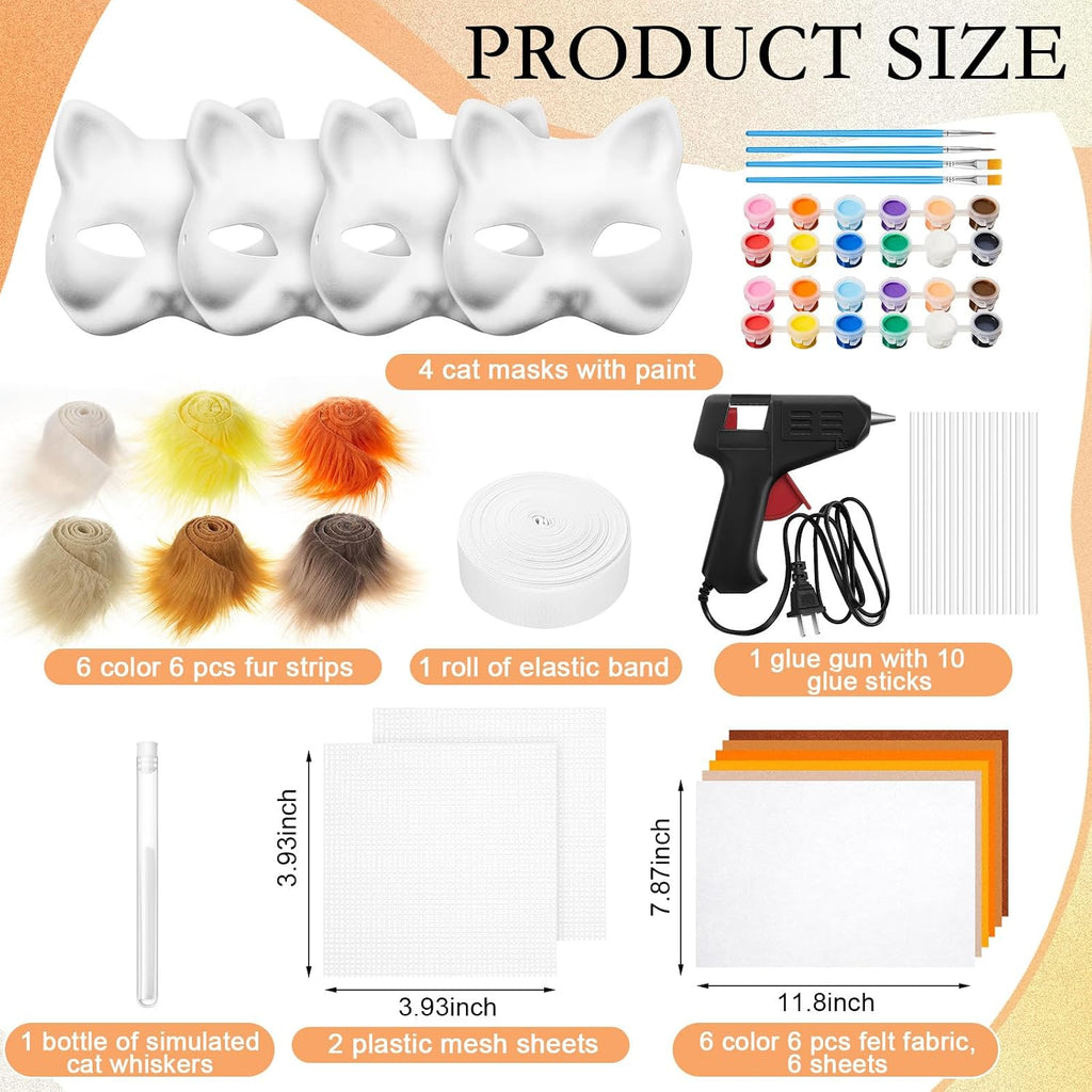 Kit de Máscara DIY Therian de 33 Piezas para Principiantes Incluye Máscara de Gato en Blanco, Tela de Piel Sintética, Tela de Fieltro, Malla de Plástico (Colores Brillantes)