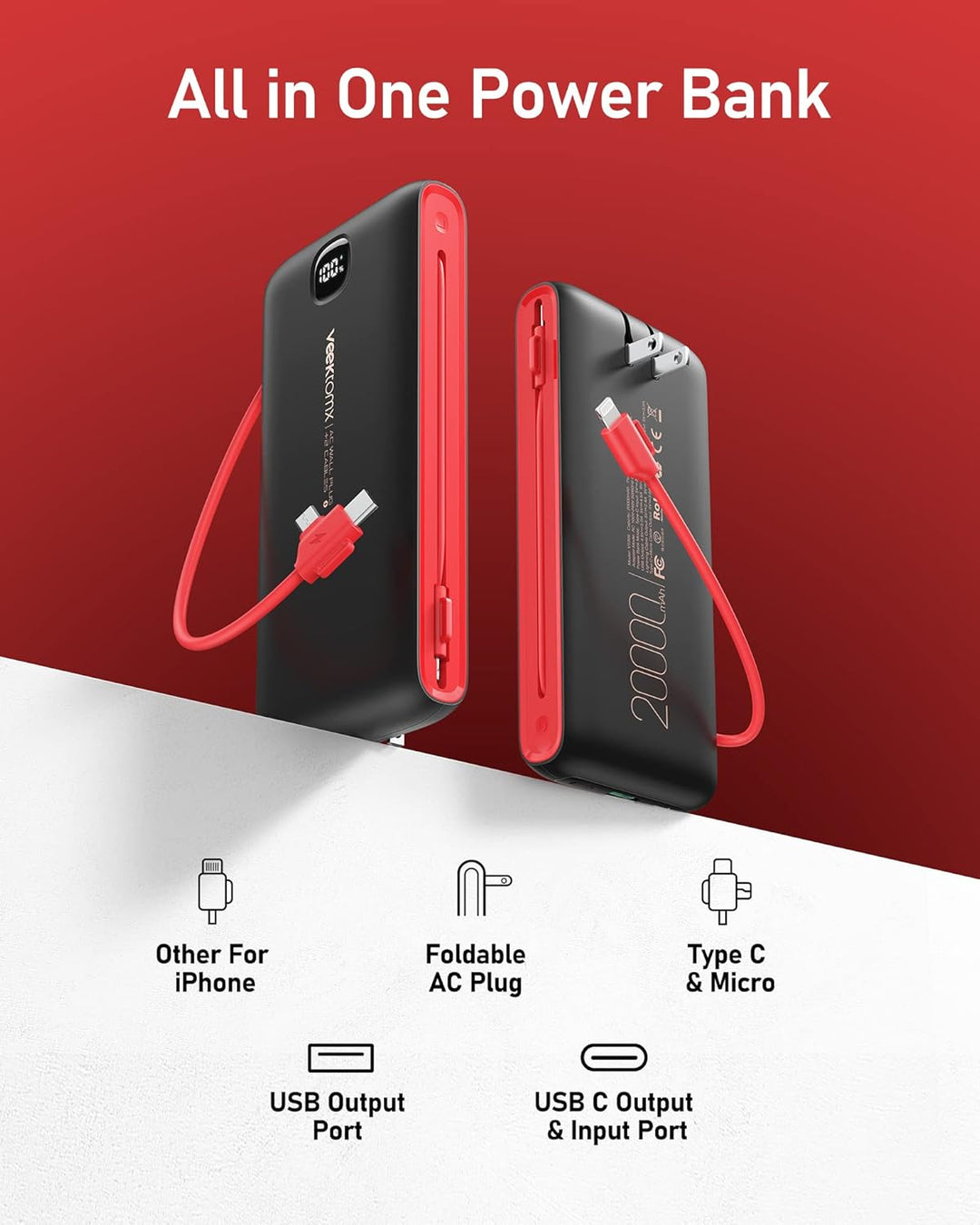 VEEKTOMX Cargador portátil con cables integrados de 20000 mAh, banc...