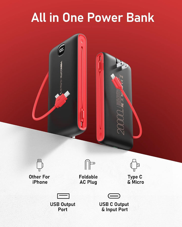 VEEKTOMX Cargador portátil con cables integrados de 20000 mAh, banc...