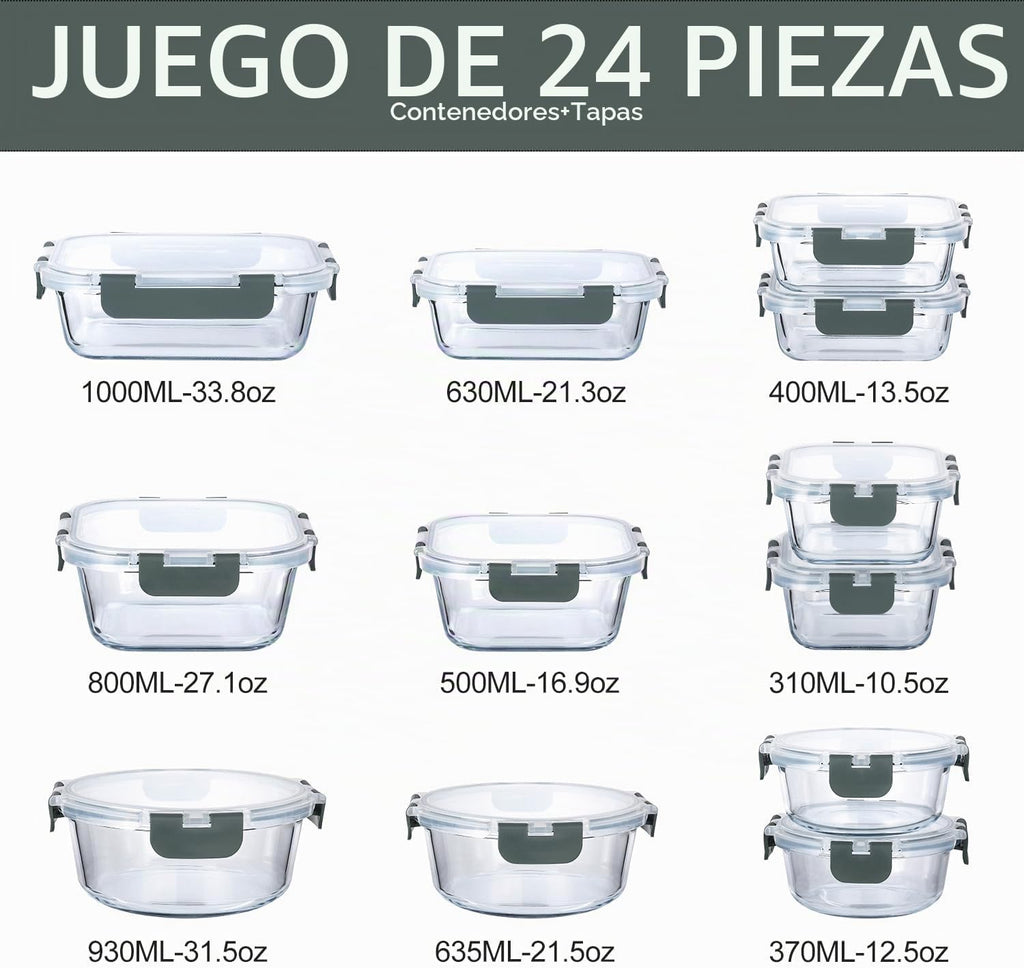 M MCIRCO Juego de 24 Piezas de Recipientes de Vidrio para Almacenamiento de Alimentos con Tapas de Cierre a Presión Mejoradas, Juego de Recipientes de Vidrio para Preparación de Comidas - Recipientes