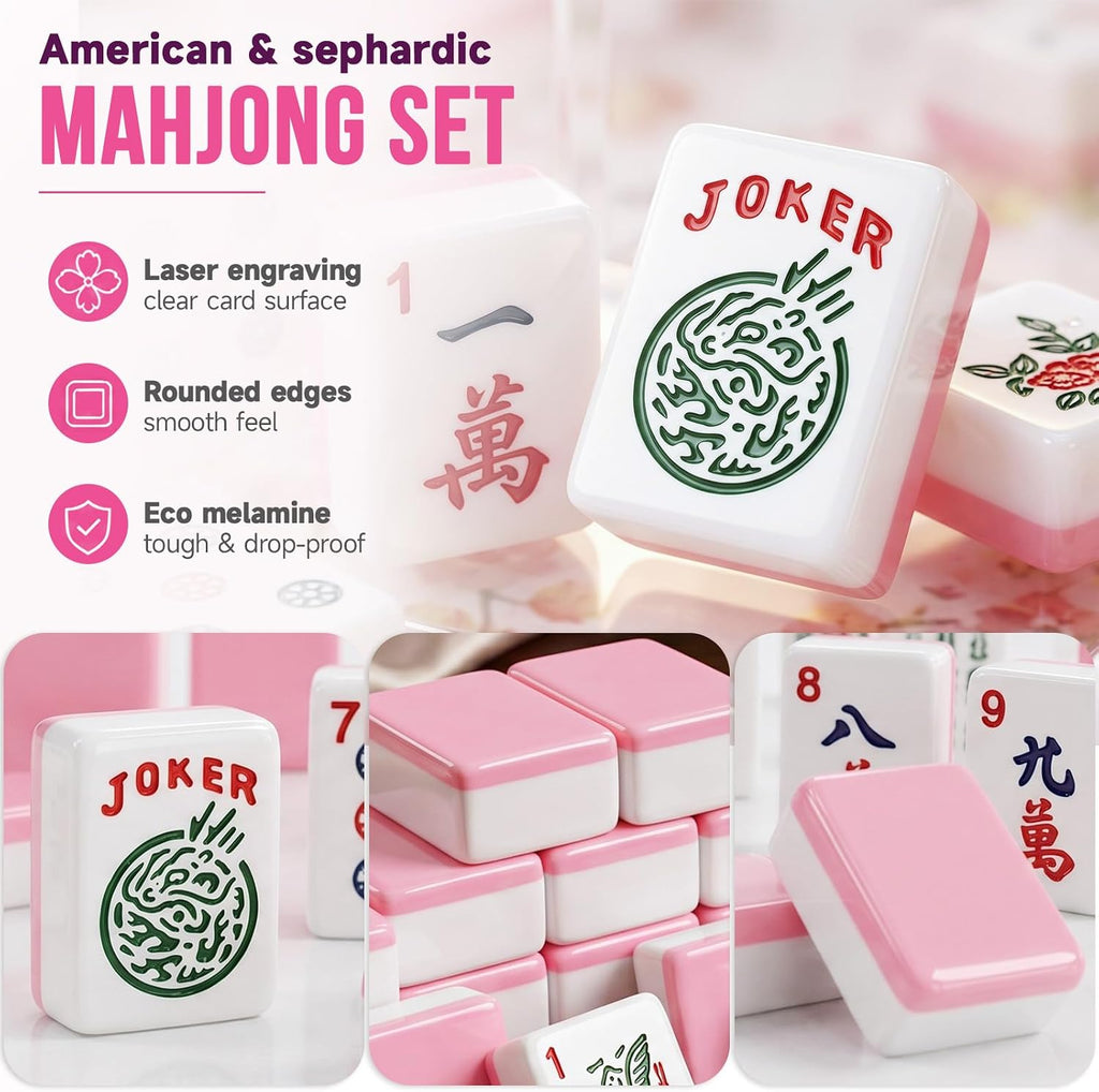 American Mahjong - Juego completo de 166 azulejos rosados con 4