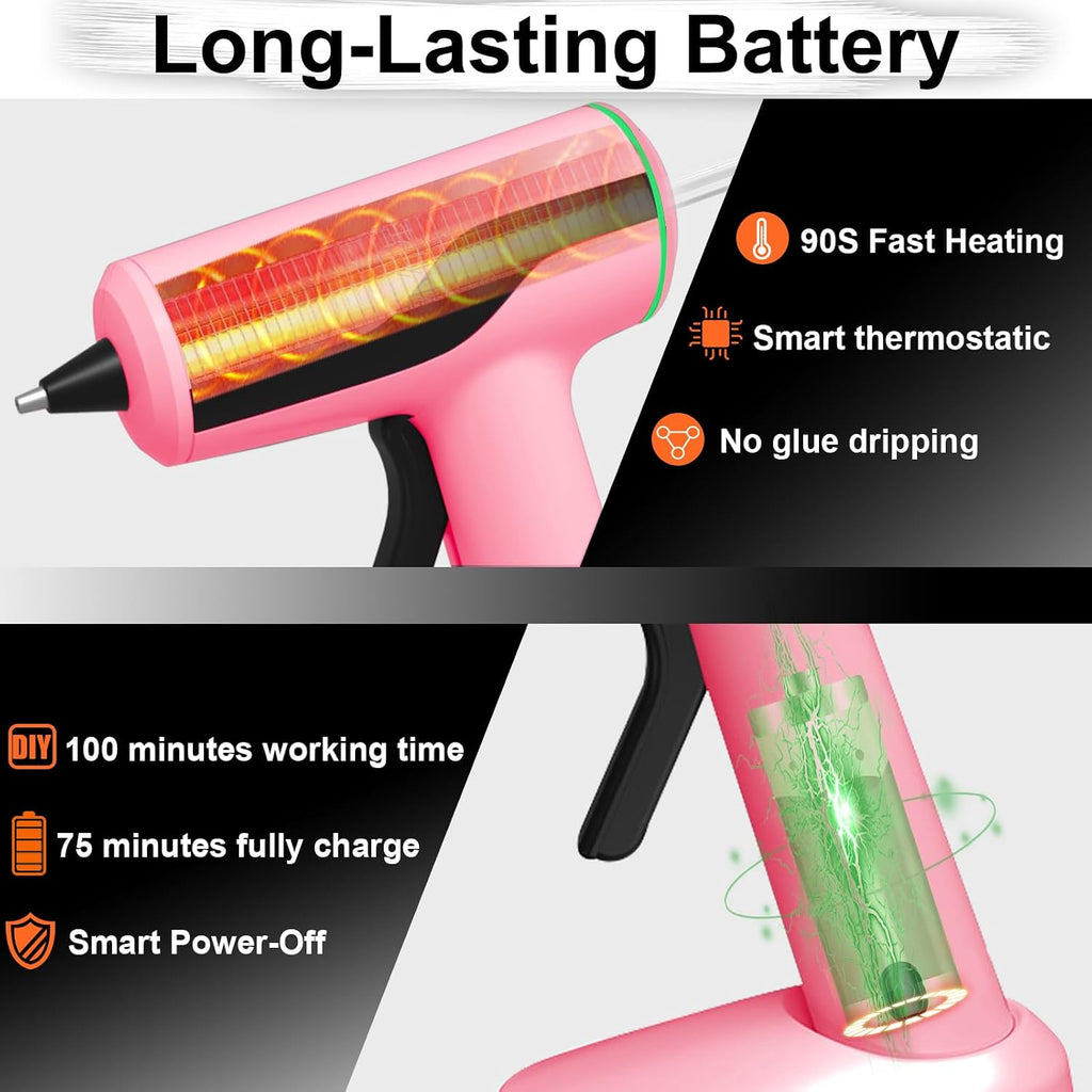 Kit de pistola de pegamento caliente inalámbrica MONVICT, pistola de pegamento rosa mini recargable USB-C con 40 piezas de barras de pegamento premium, 10 piezas de varillas para manualidades, estuche