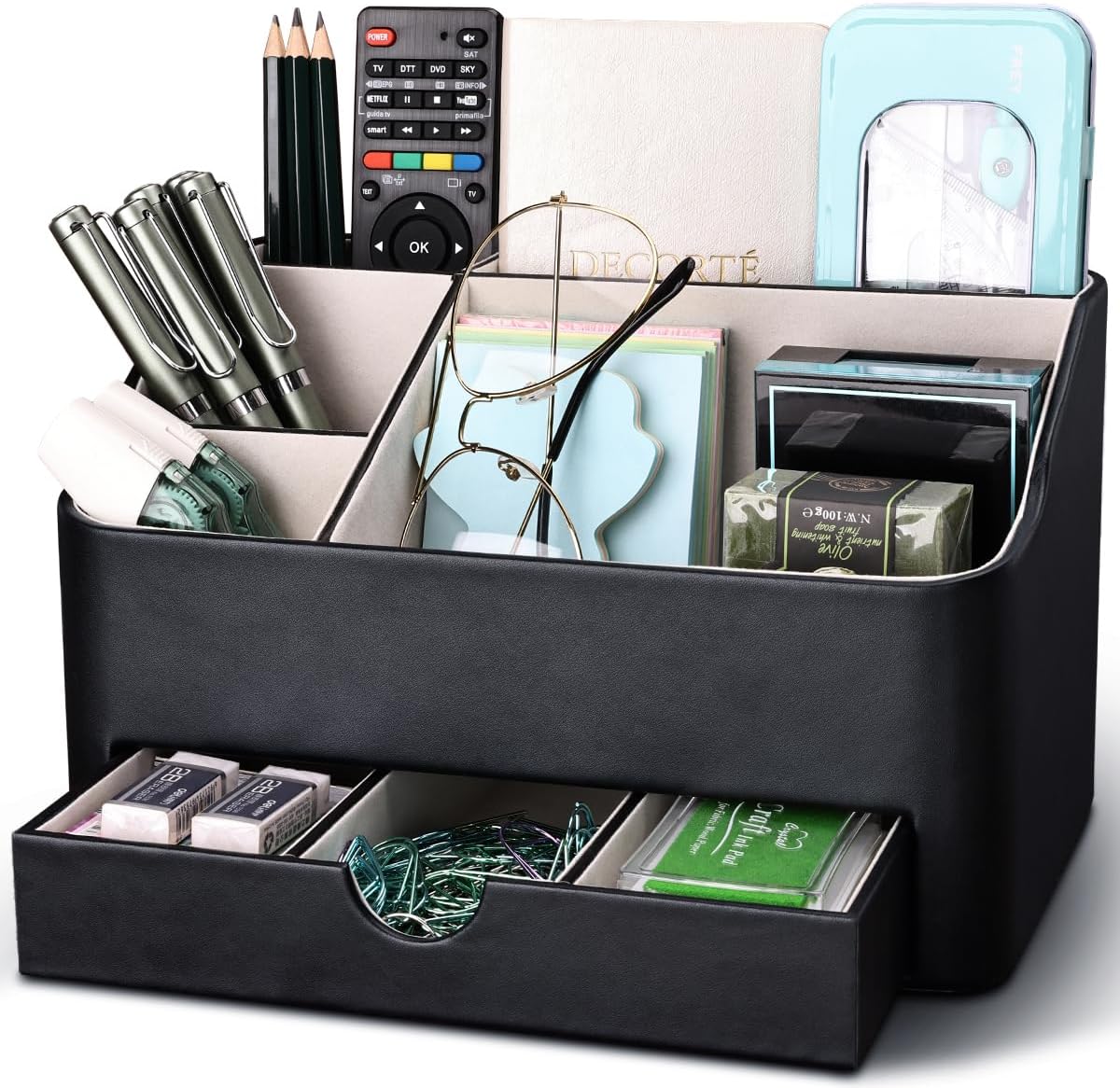 Organizador de escritorio con cajón, soporte multifunción para escritorio, organizador de escritorio y accesorios, 5 compartimentos para suministros de oficina en casa (negro)