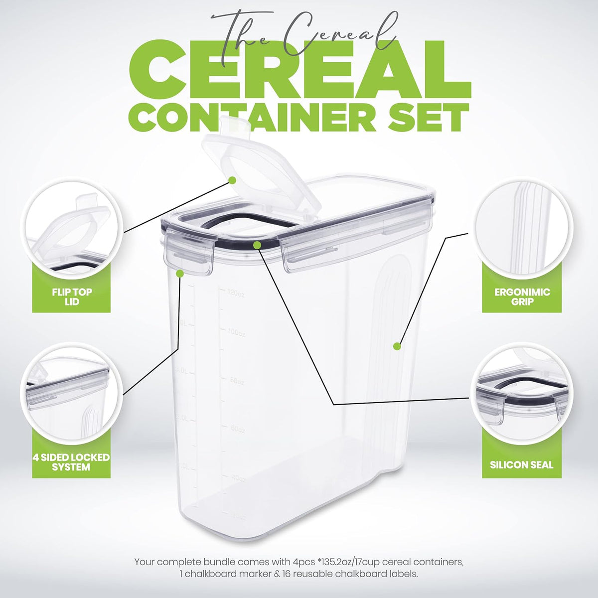 Utopia Kitchen - Juego de 4 recipientes para cereales con tapas, 4 unidades