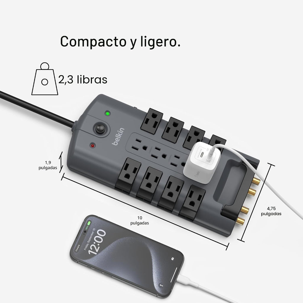 Regleta giratoria con protección contra sobretensión y protección para teléfono con cable de 6 pies de Belkin Estándar Gris