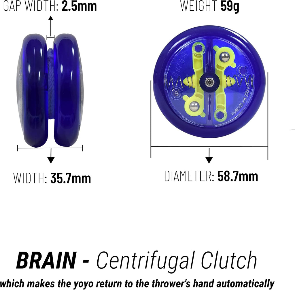 Yomega 2 Spinners Legendarios El Yo-Yo Original con Brain y Yo-Yo Transaxle Fireball para Juego de Trucos con Cuerda de Todos los Niveles + 5 Cuerdas Adicionales (Fireball Rojo/Negro-Brain Azul)