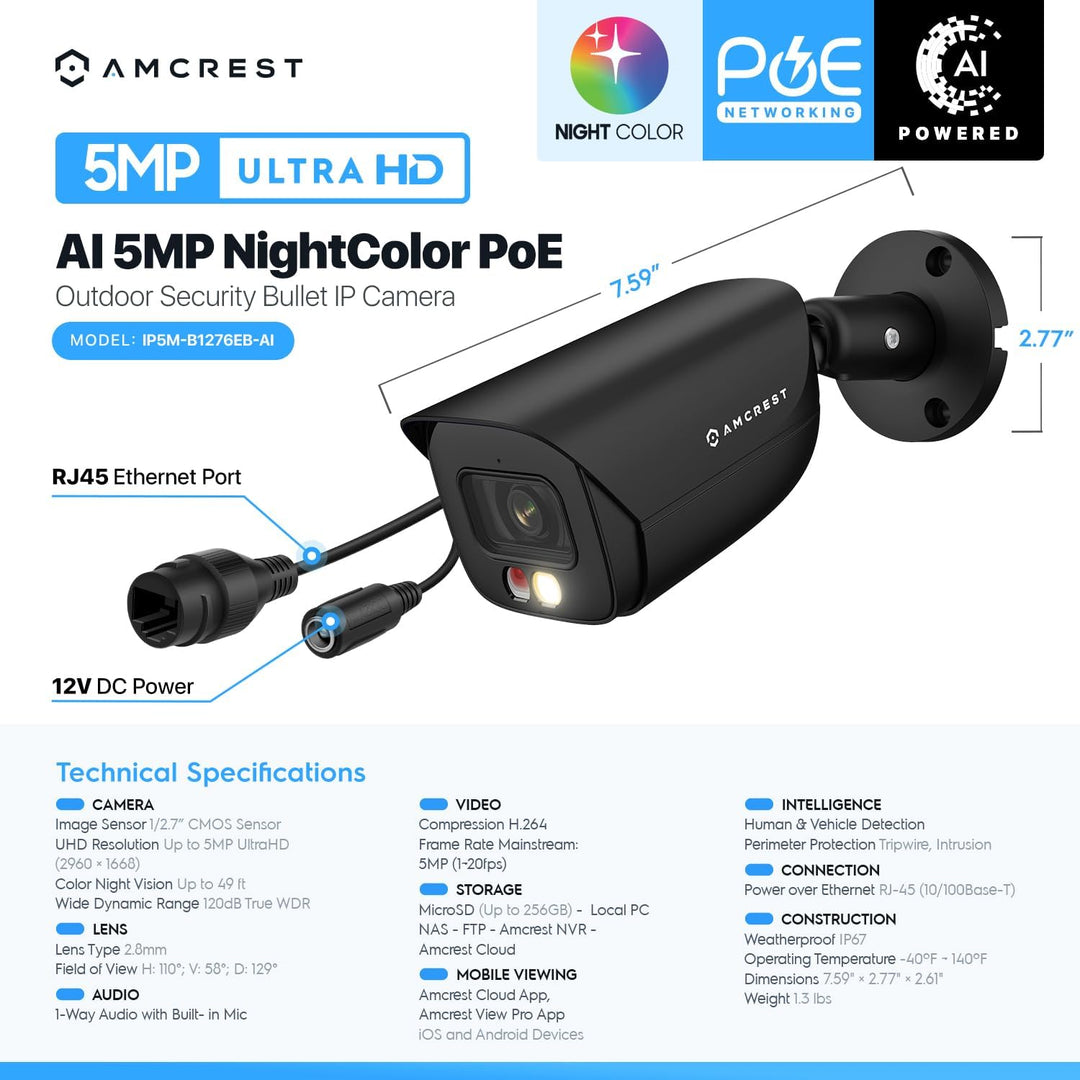 Amcrest Cámara IP PoE AI de 5MP con visión nocturna a color de 49 p...