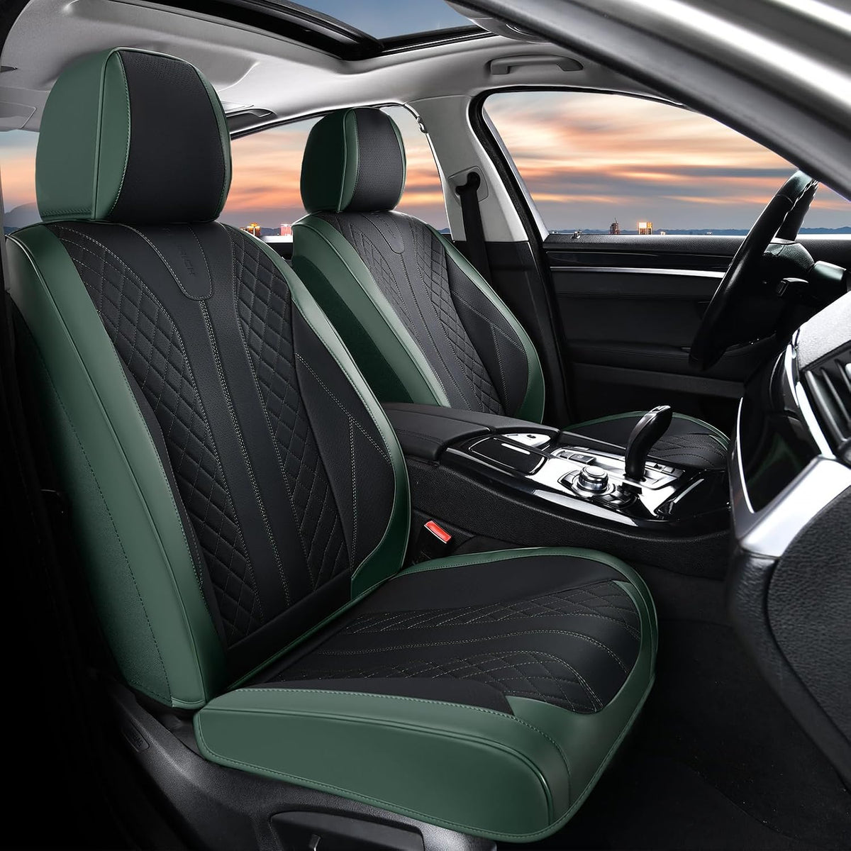Juego completo de fundas de cuero para asientos delanteros y traseros de automóvil, impermeables, cobertura completa, protector de asiento de automóvil, ajuste universal para la mayoría de automóviles, SUV, camiones, negro y verde