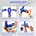 Arco y flecha de juguete para balas de pistola Nerf, juego de tiro con bala de espuma de 12 dardos con 36 dardos de espuma, 1 gafas y objetivo, regalo de cumpleaños para fiesta (azul)